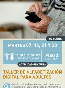 Cartel informativo mostrando las manos de una persona mayor sosteniendo un celular