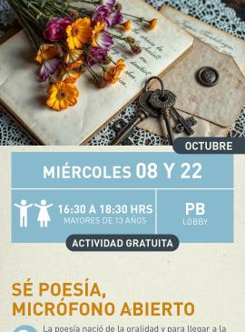 Cartel informativo mostrando unas flores, un juego de llaves y un par de hojas de un libro viejo.