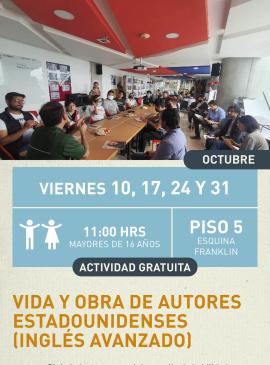 Cartel informativo mostrando a un grupo de personas sentadas haciendo lo que parece ser una charla