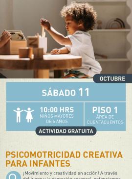 Cartel informativo mostrando un bebé jugando con cosas hechas de madera