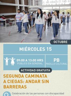 Cartel informativo mostrando a un grupo de personas con discapacidad visual caminando en conjunto por los pasillos de la biblioteca