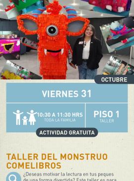 Cartel informativo mostrando al mosntruo comelibros junto a la cuenta cuentos Doris