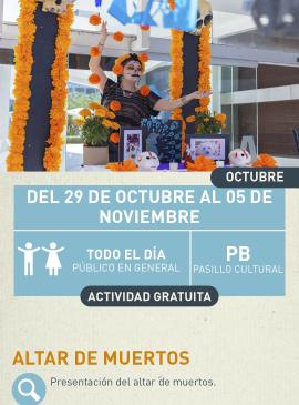 Cartel informativo mostrando una catrina posando para una fotografia detras de un altar de muertos
