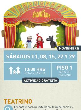 Cartel informativo mostrando a tres marionetas del cuento de "Caperuzita roja"