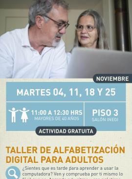 Cartel informativo mostrando a dos adultos detras de una pantalla de computadora
