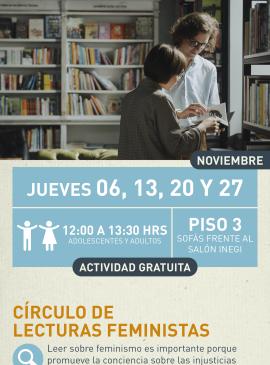 Cartel informativo mostrando un par de personas sosteniendo un libro en lo que parecer ser de fondo una libreria