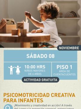 Cartel informativo mostrando a un niño sentado mientras esta jugando con cosas de madera