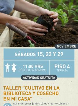 Cartel informativo mostrando una persona plantando un brote en lo que parece ser un huerto