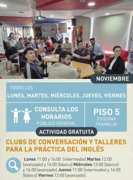 Cartel informativo mostrando un grupo de personas sentados en un curso