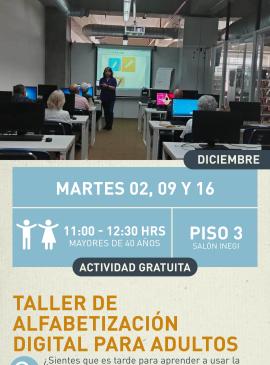 Cartel informativo mostrando un salon con varios adultos practicando sus trabajos en computadoras