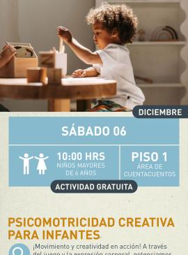 Cartel informativo mostrando a un niño sentado mientras esta jugando con cosas de madera