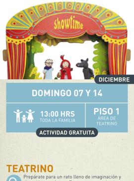 Cartel informativo mostrando tres marionetas del cuento de caperucita roja