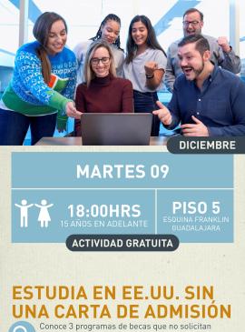 Cartel informativo mostrando a varias personas estudiando enfrente de una computadora.