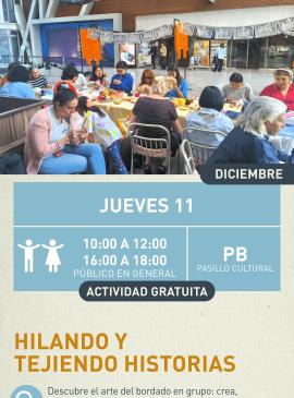 Cartel informativo mostrando un par de mujeres, una de ellas tiene hilo de bordar en lugar de cabello y la otra es adornada con flores de igualmente hilo de bordar.