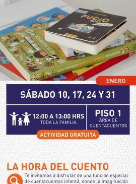 Cartel informativo mostrando varios libros infantiles apilados 