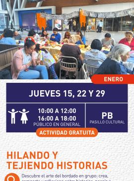 Cartel informativo mostrando a varias personas sentadas juntas en una mesa haciendo trabajos de tejido