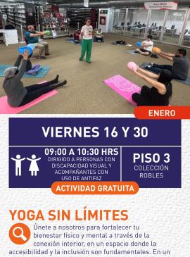 Cartel informativo mostrando a varias personas sentadas en circulo haciendo ejercicios de yoga