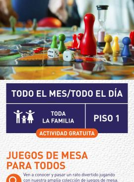 Cartel informativo mostrando varias piezas coloridas de juegos de mesa