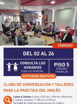 Cartel informativo mostrando un grupo de personas sentadas en varias personas hablando ingles.