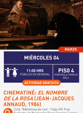 Cartel informativo mostrando parte de una película, un habitación llena de libros y un monje parado frente a una señora