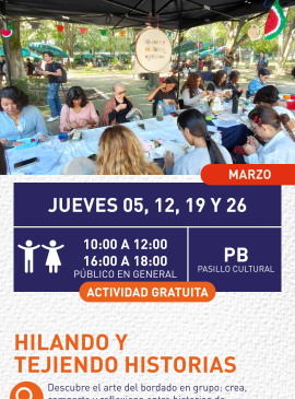 Cartel informativo mostrando un grupo de personas haciendo tejidos, todos sentados en una mesa larga