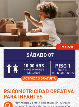 Cartel informativo mostrando un niño jugando con cosas de madera