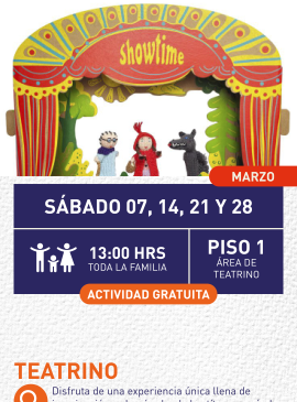 Cartel informativo mostrando un escenario donde hay 3 marionetas, las cuales son personajes del cuento de caperucita roja