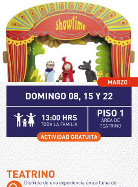 Cartel informativo mostrando un escenario donde hay 3 marionetas, las cuales son personajes del cuento de caperucita roja