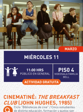 Cartel informativo mostrando un grupo de personas esperando sentadas, personajes de la pelicula