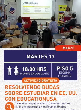 Cartel informativo mostrando un grupo de personas dentro de un salon de clases, todos mirando a la pantalla que tiene en frente del salon