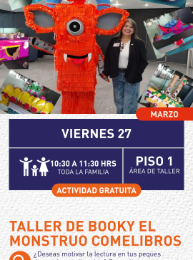 Cartel informativo mostrando a Doris junto al monstruo come libros