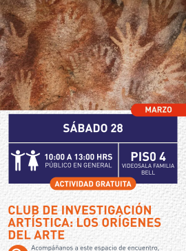 Cartel informativo mostrando una pared llena de pinturas de manos al estilo "rupestre"