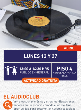 Cartel informativo mostrando un disco de vinilo en su tocadiscos