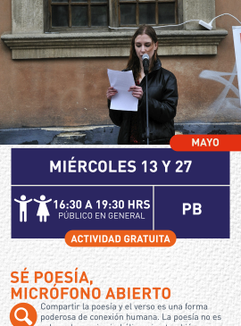 Cartel informativo mostrando una persona frente a un micrófono leyendo un poema