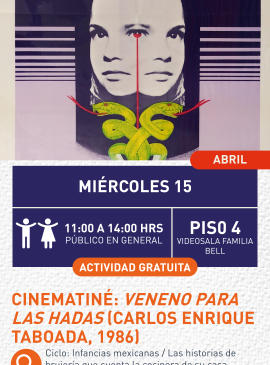 Cartel informativo mostrando un cuadro con dos caras unidas a un mismo ojo con dos serpientes debajo de ellas.