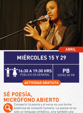 Cartel informativo mostrando una persona sosteniendo con su mano un micrófono 