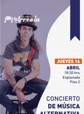 Cartel informativo mostrando un musico sentado en un banco pequeño sosteniendo su guitarra.