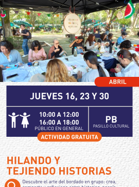 Cartel informativo mostrando un grupo de personas sentadas en una mesa grande haciendo actividades de hilos.
