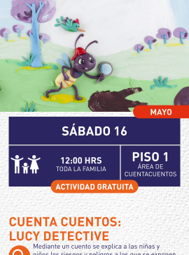 Cartel informativo mostrando a Lucy la detective, personaje de un cuento infantil