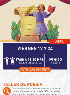 Cartel informativo mostrando el dibujo de un poeta escribiendo en una hoja enorme mientras este mismo sostiene una pluma y libro.