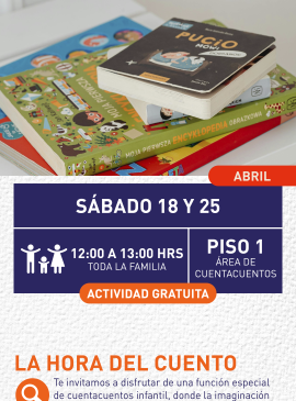 Cartel informativo mostrando una pila de libros infantiles
