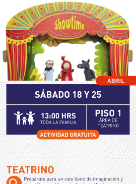 Cartel informativo mostrando un escenario donde hay 3 marionetas, las cuales son personajes del cuento de caperucita roja