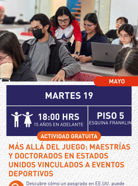 Cartel informativo mostrando un grupo de personas sentadas en un salón de clases