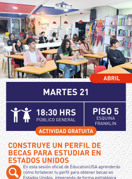 Cartel informativo mostrando un grupo de jovenes sentados en escritorios pequeños tomando una clase de inlges