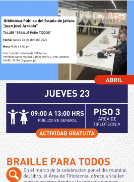 Cartel informativo mostrando a varias personas sentadas en una mesa con muchas hojas y colores