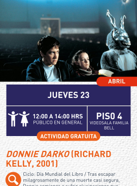 Cartel informativo mostrando a tres personas sentadas en una sala de cine, una de ellas viste un disfraz de conejo terrorífico