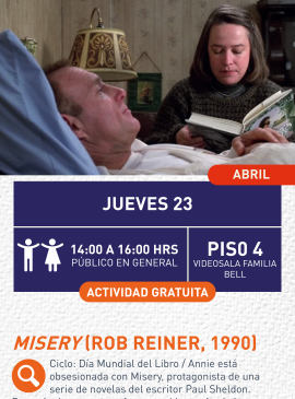 Cartel informativo mostrando a dos actores en su escena, uno de ellos acostado en una cama escuchando un relato del segundo personaje