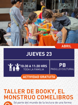 Cartel informativo mostrando a niños y adultos haciendo manualidades en el pasillo cultural de la biblioteca publica 