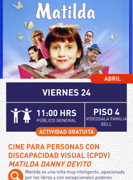 Cartel informativo mostrando el poster de la pelicula de Matilda, donde salen los personajes detrás de un libro