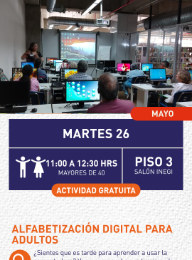 Cartel informativo mostrando a varias personas usando una sala de computadoras